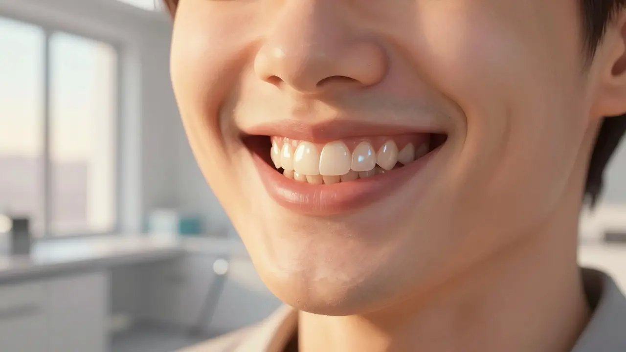 Osoba se širokým úsměvem, jejíž přední zuby jsou vylepšeny keramickými fazetami.