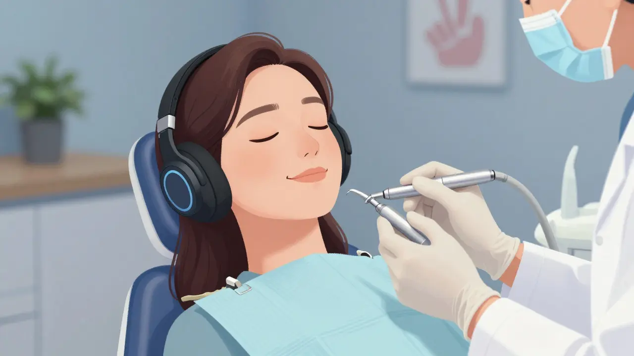 Pacient v zubním křesle s headphony a klidným úsměvem, zubní lékař drží moderní nástroj v tiším prostředí.