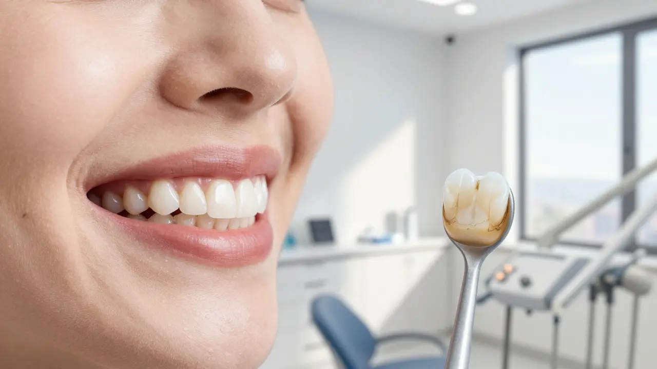 Patient smiling with natural-looking ceramic onlay next to a discolored composite filling for comparison.