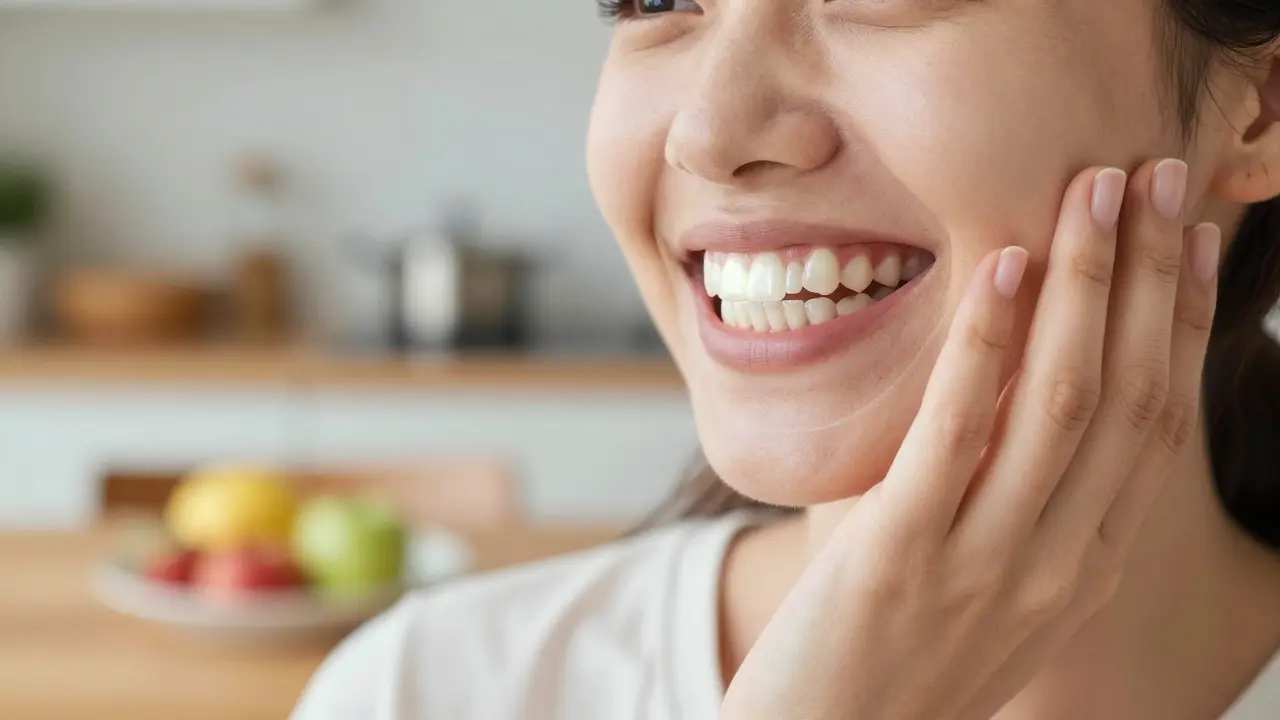 Person smiling confidently with a subtle glowing ceramic tooth overlay, symbolizing restored dental function and self-assurance.