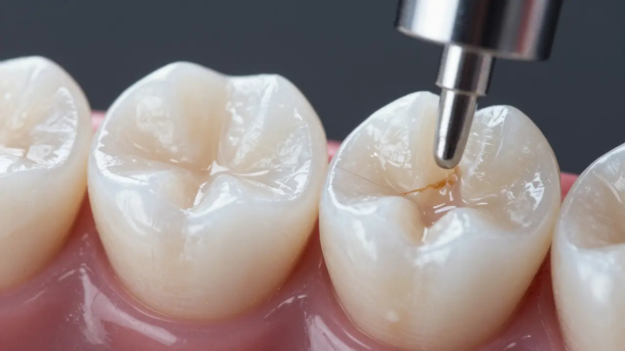 Porovnání nové dokonale vyhotovené bílé plomby a starší, poškozené plomby s tmavými skvrnami.