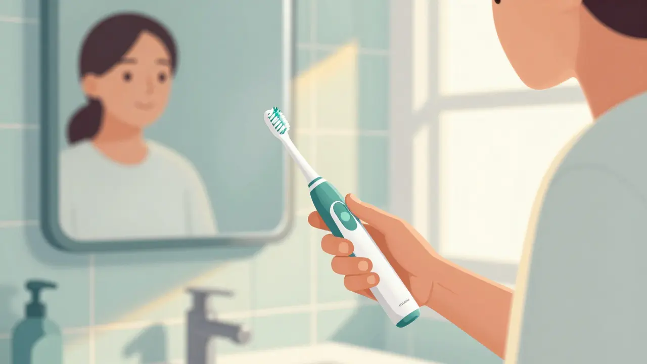Ranní péče o ústa s moderním elektrickým zubním kartáčkem.