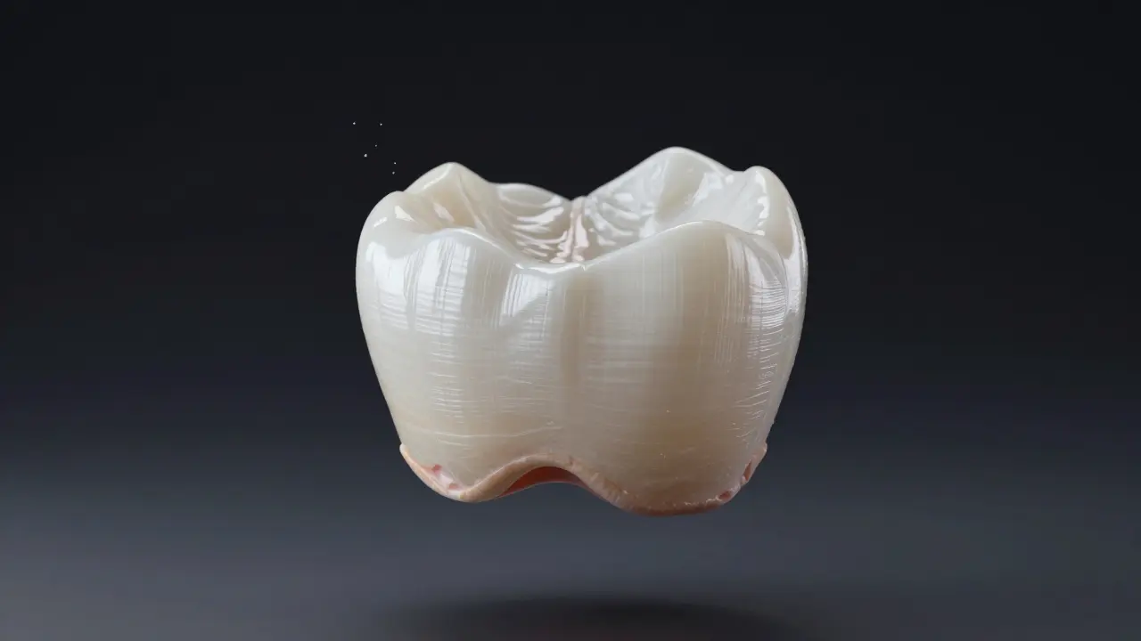 Rozříznutá keramická fazeta ukazující její vrstvenou strukturu podobnou zubnímu emailu.