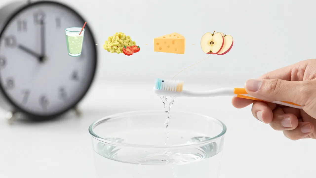 Ruky pláchnou ústa teplou solnou vodou po implantaci, v pozadí symbolické potraviny pro hojení.