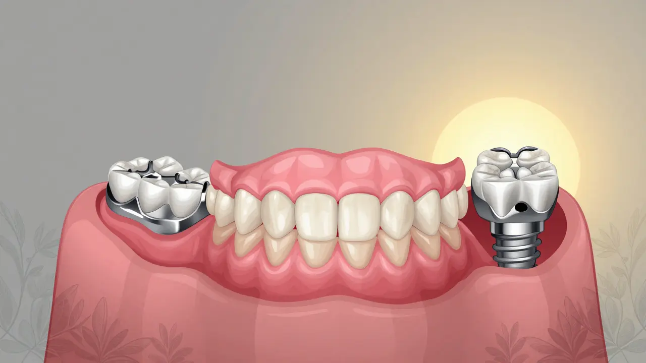 Schématické srovnání druhů nasazovacích zubních protéz