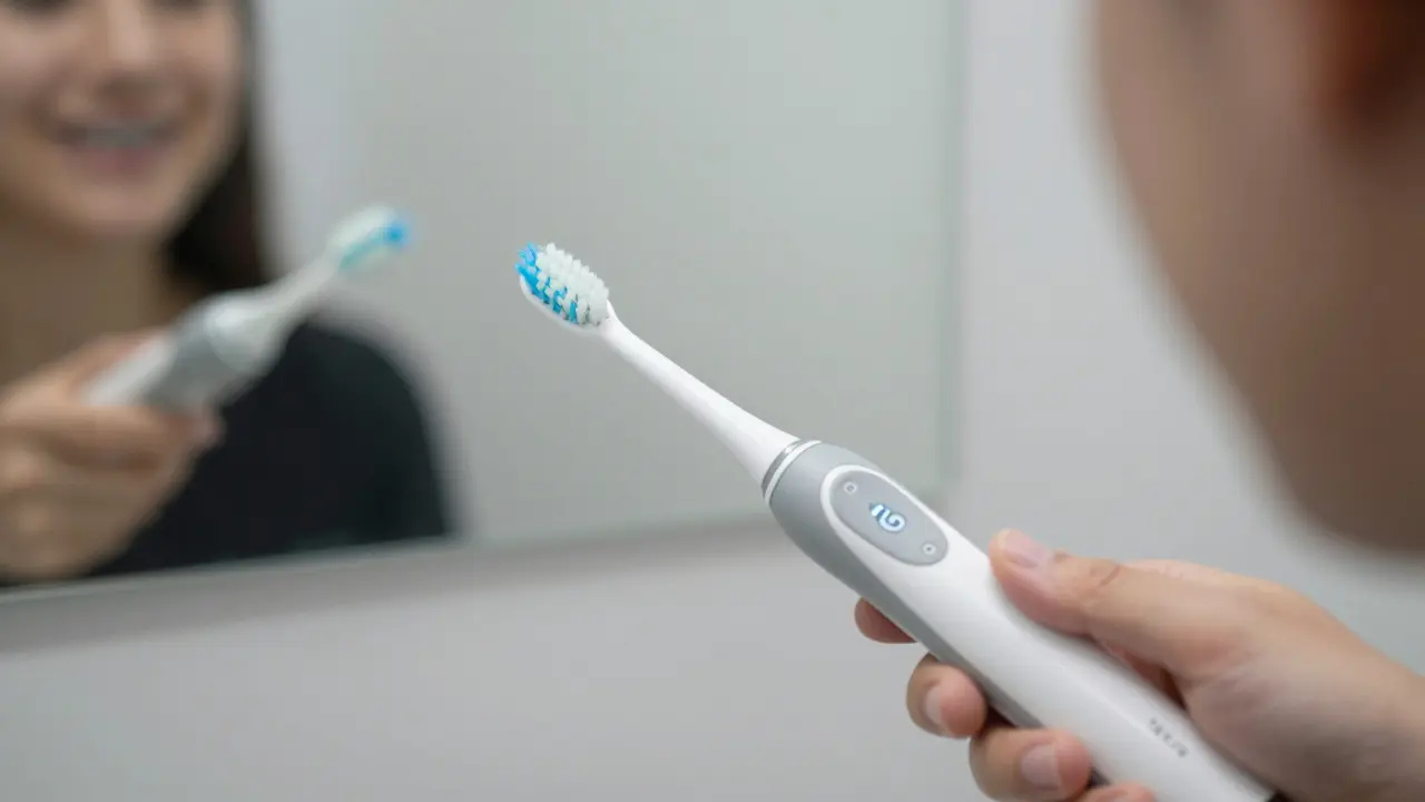 Sonický kartáček čistí kolem braketů, vibrace pronikají pod dráty bez poškozování.