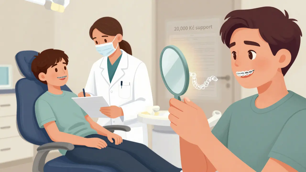 Split image: child with metal braces and teen with clear aligners, hinting at public coverage vs. personal cost.