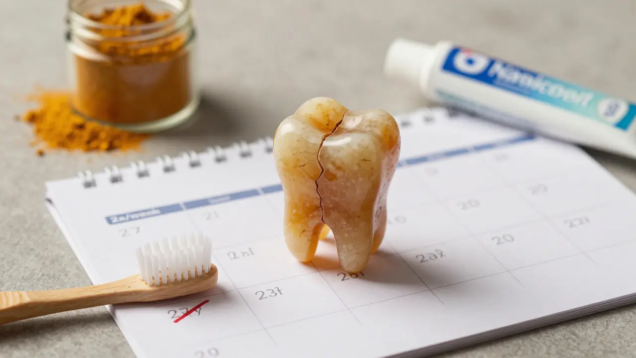 Symbolický obraz poškozené sklovinky vedle doporučeného způsobu používání kurkumy.