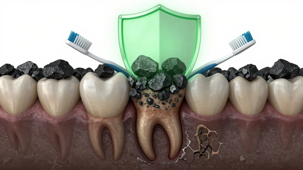 Symbolický obraz zubního kořene pokrytého kamenem a zdravou dásní, která ho chrání.