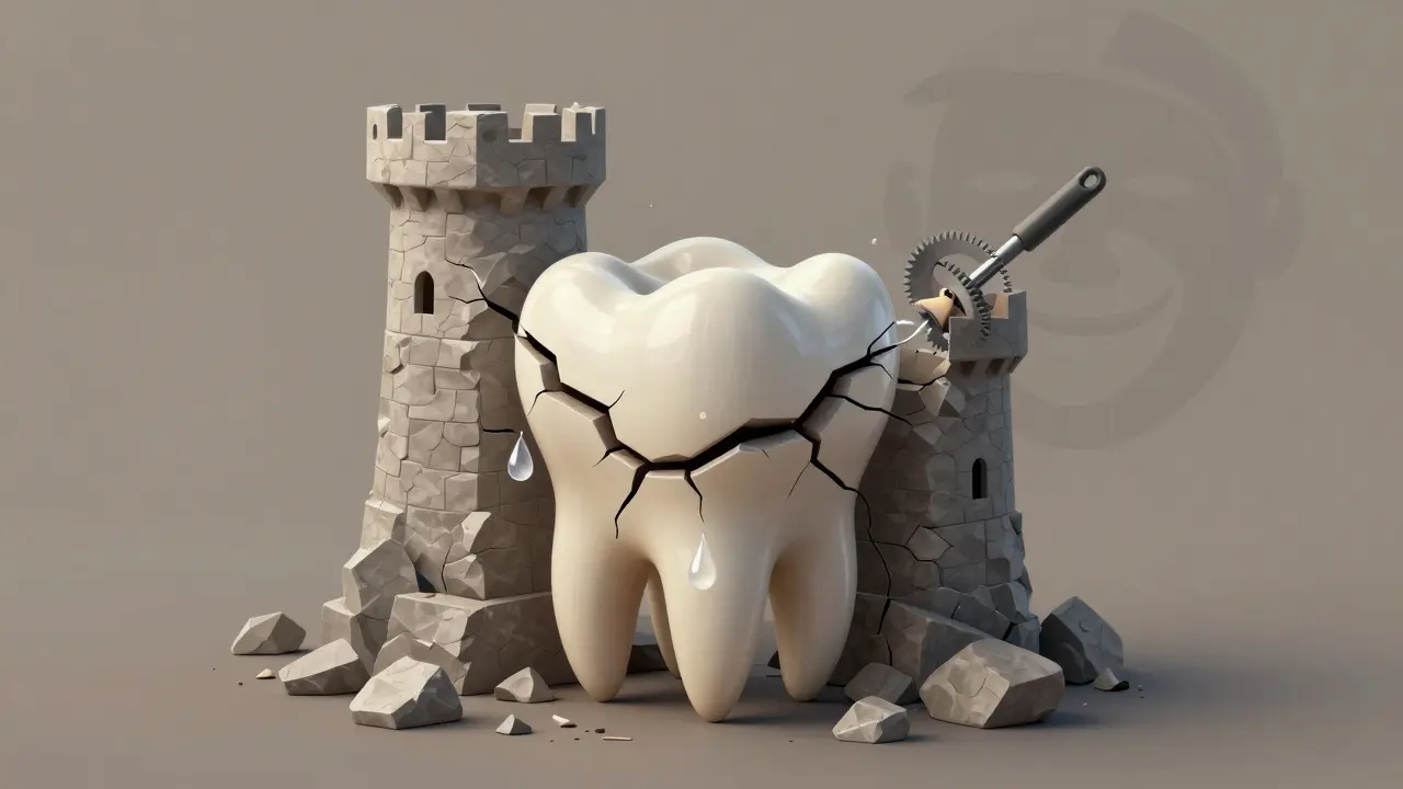 Symbolický obraz zubu jako hradu, který se říhá pod tlakem teplotních šoků a škrábání.