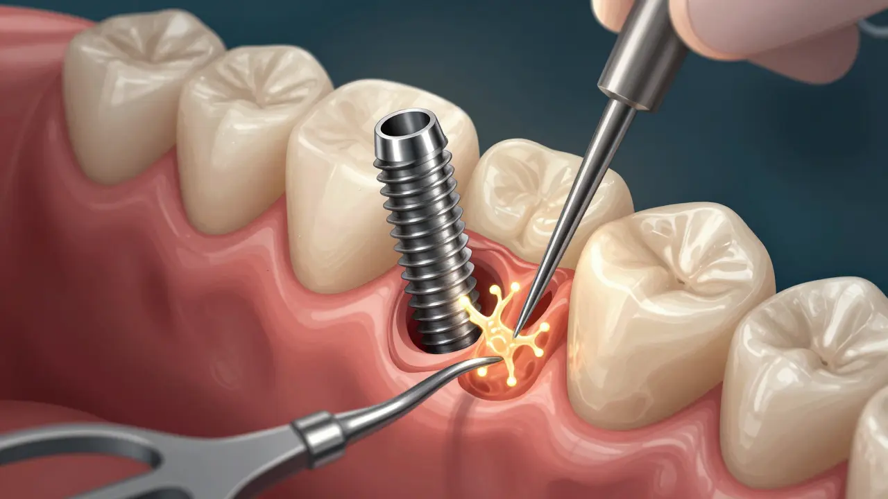 Titanium implant being placed into jawbone during surgical procedure.