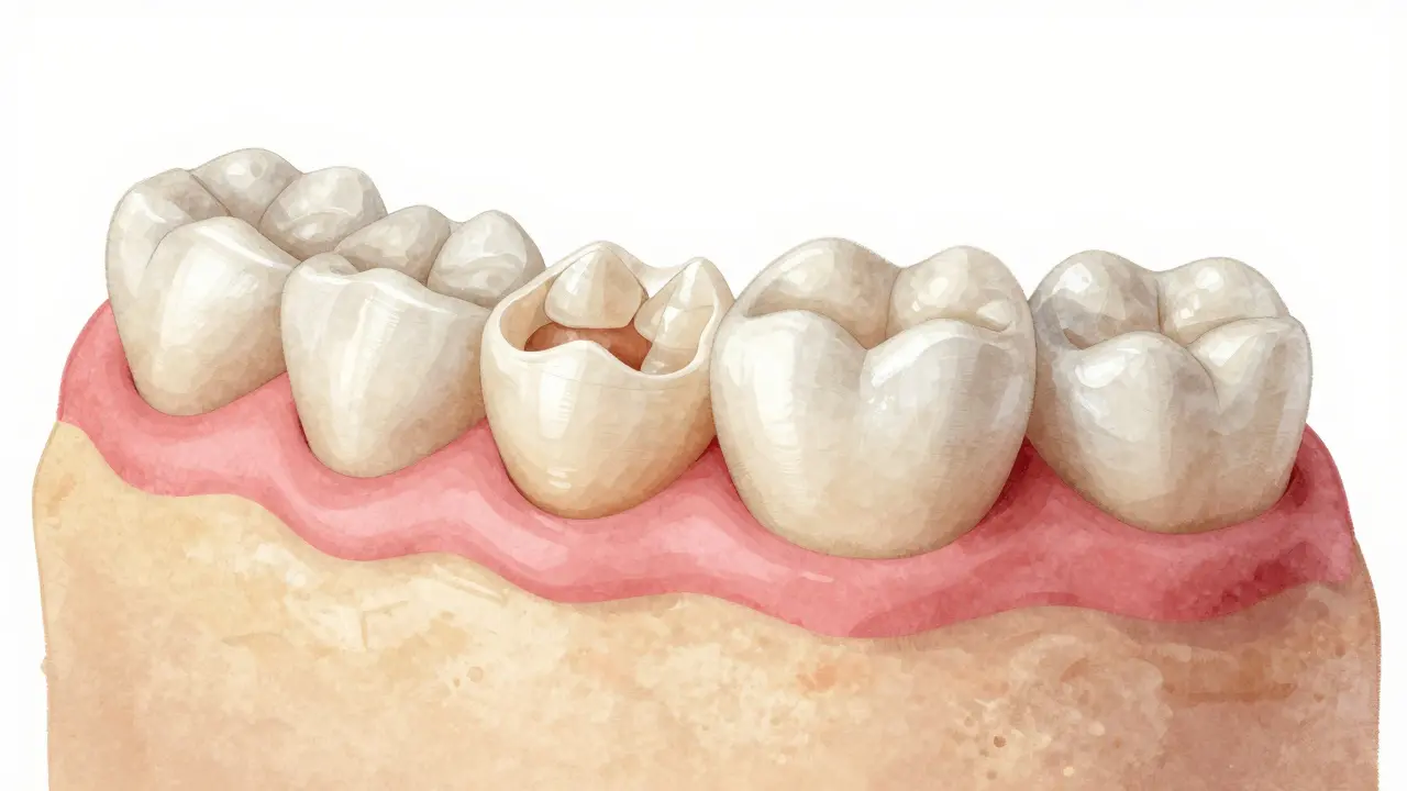 Tooth structure depicted as a cake with a ceramic piece perfectly replacing a damaged section.