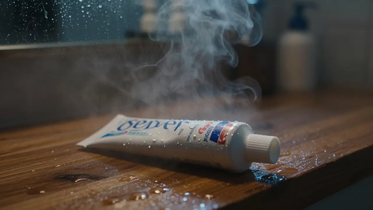 Vlhká koupelna s kapkami vody na tubě zubní pasty.