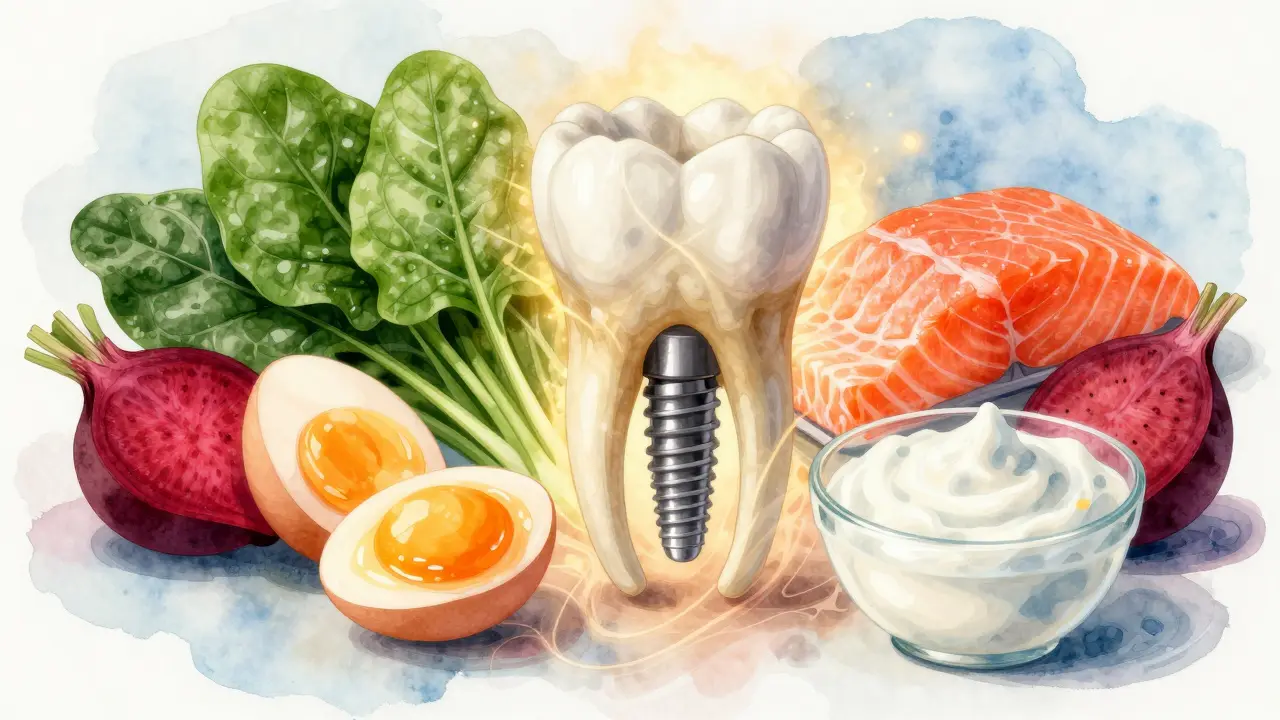 Vyléčení kosti s implantátem obklopené zdravými potravinami jako špenát, losos a jogurt.