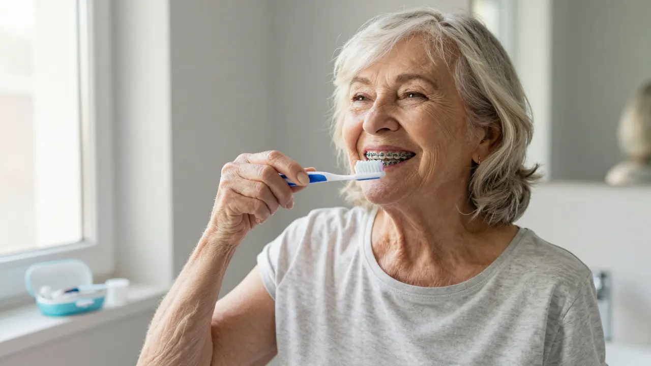 Žena ve věku 50+ s lingulárními rovnátky, pečlivě čistící zuby v koupelně s retentorem na stole.
