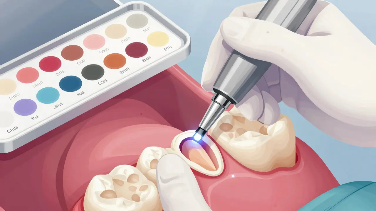 Zubař aplikuje kompozitní plombu ve vrstvách a používá světlo pro tvrdnutí materiálu.