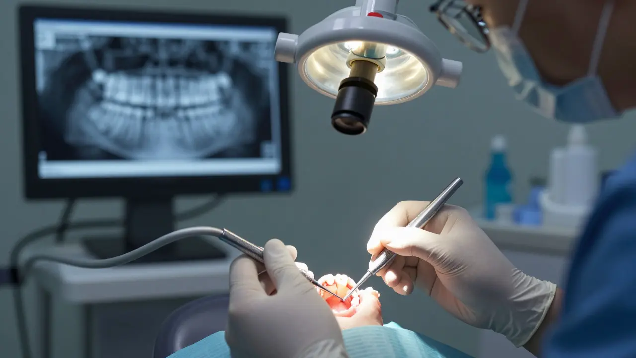 Zubní lékař čistí korunku a zub pod ní při odborné péči.