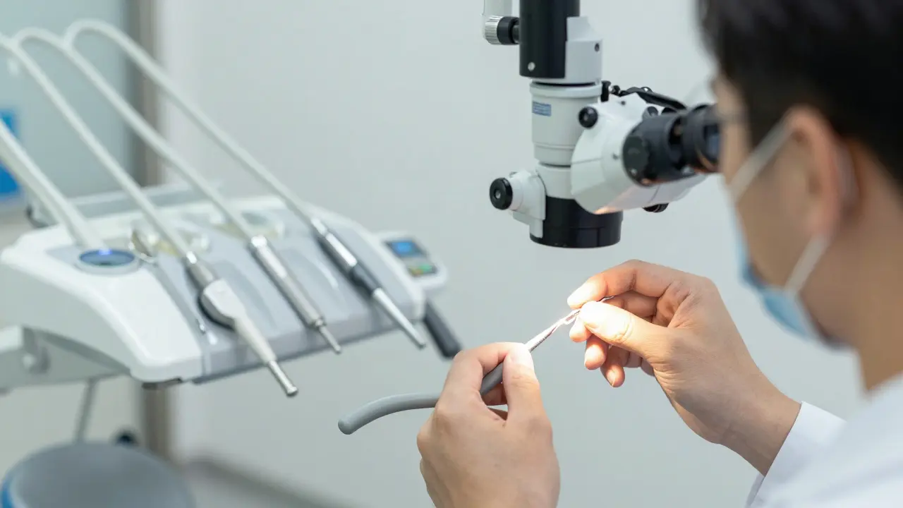 Zubní lékař prohlíží prasklou sklovinu zubu pomocí mikroskopu v klinice.