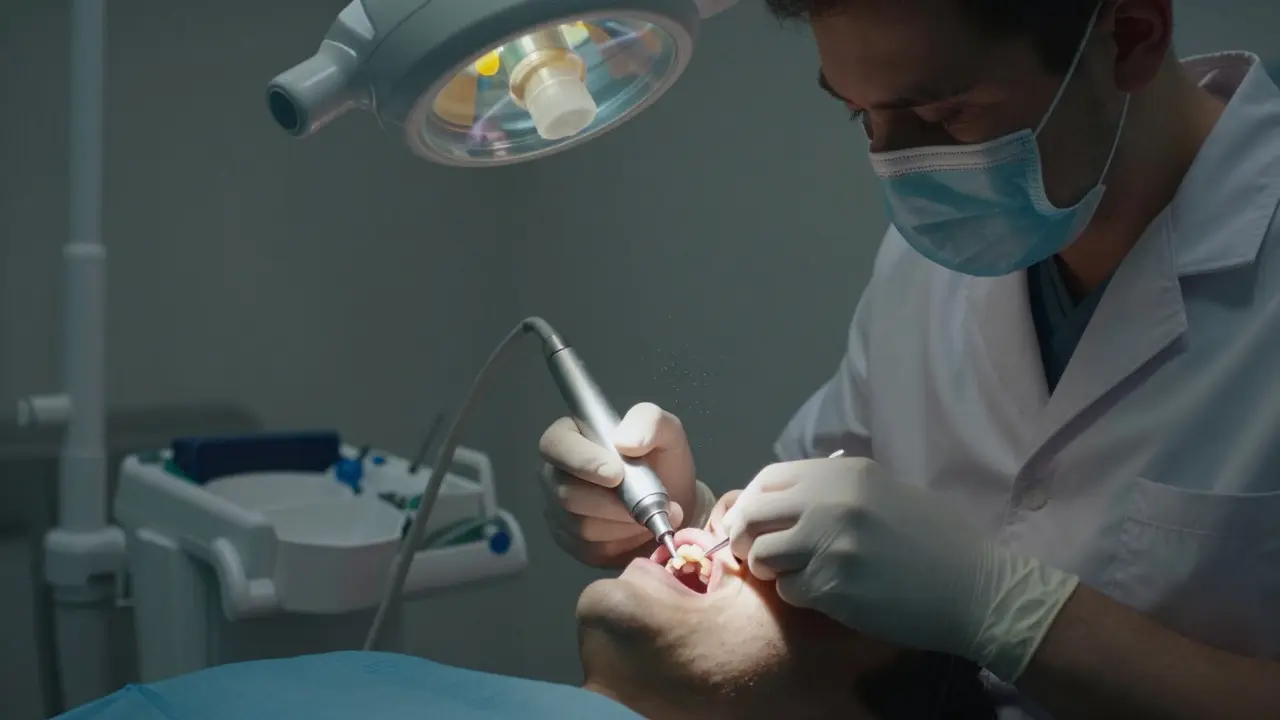 Zubní lékař provádí profesionální čištění pomocí ultrazvukového nástroje.