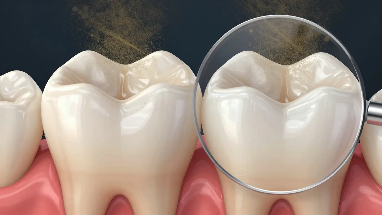 Zvětšený pohled na zubní sklovinku s poškozenými oblastmi způsobenými abrazivním účinkem kurkumy.