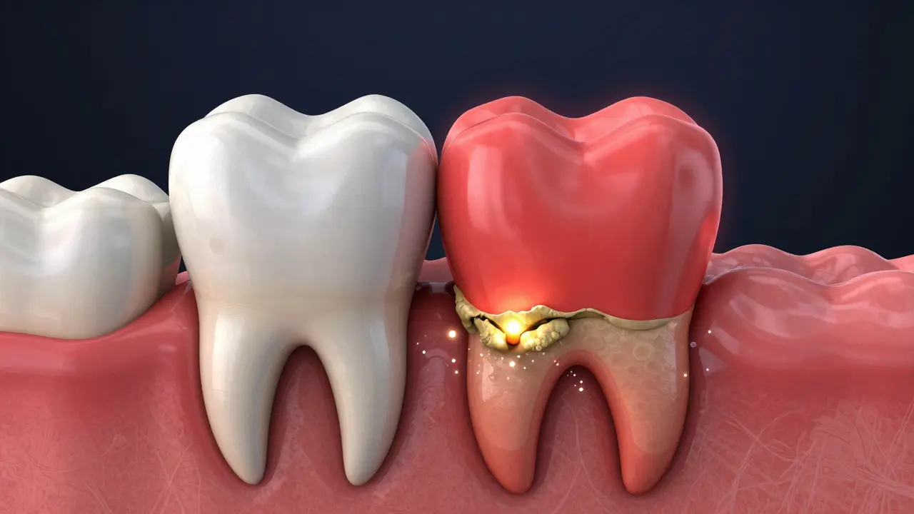3D ilustrace průřezu zubu s ukázkou zdravého a zánětlivého dásně.
