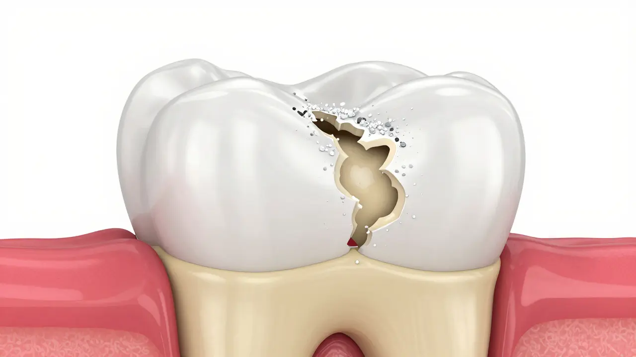3D ilustrace zuba ukazující erozi skloviny a odhalený žlutý dentin.