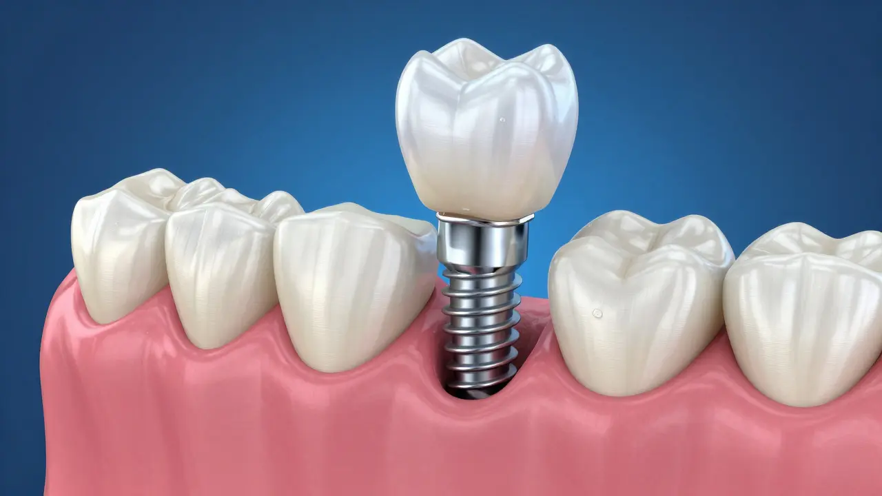 3D vizualizace zubního implantátu s titanovým šroubem a keramickou korunkou v čelisti.