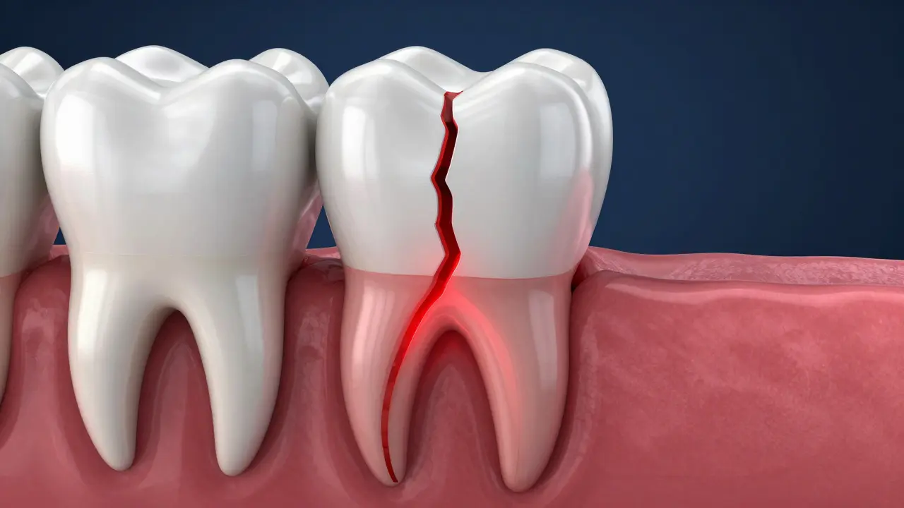 3D vizualizace zubu s červeně zvýrazněnou prasklinou v kořenu pod dásní.