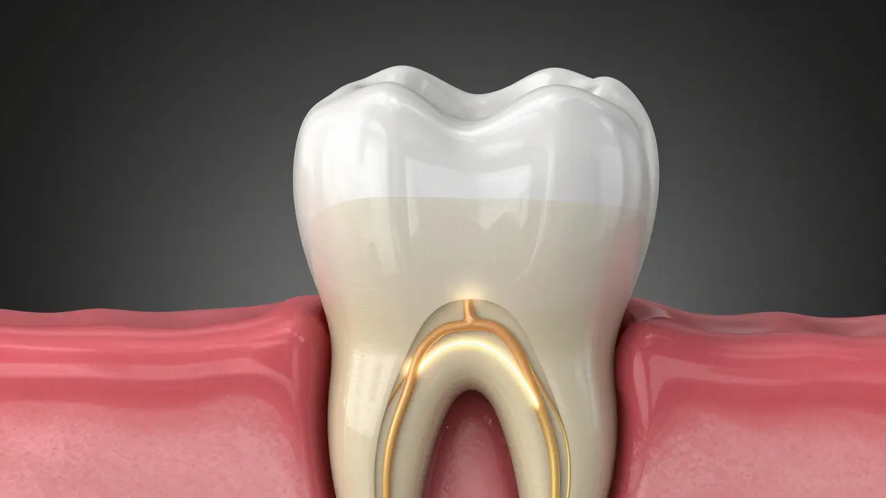 Anatomický průřez zubu znázorňující sklovinu, dentin a nervy v pulpě.