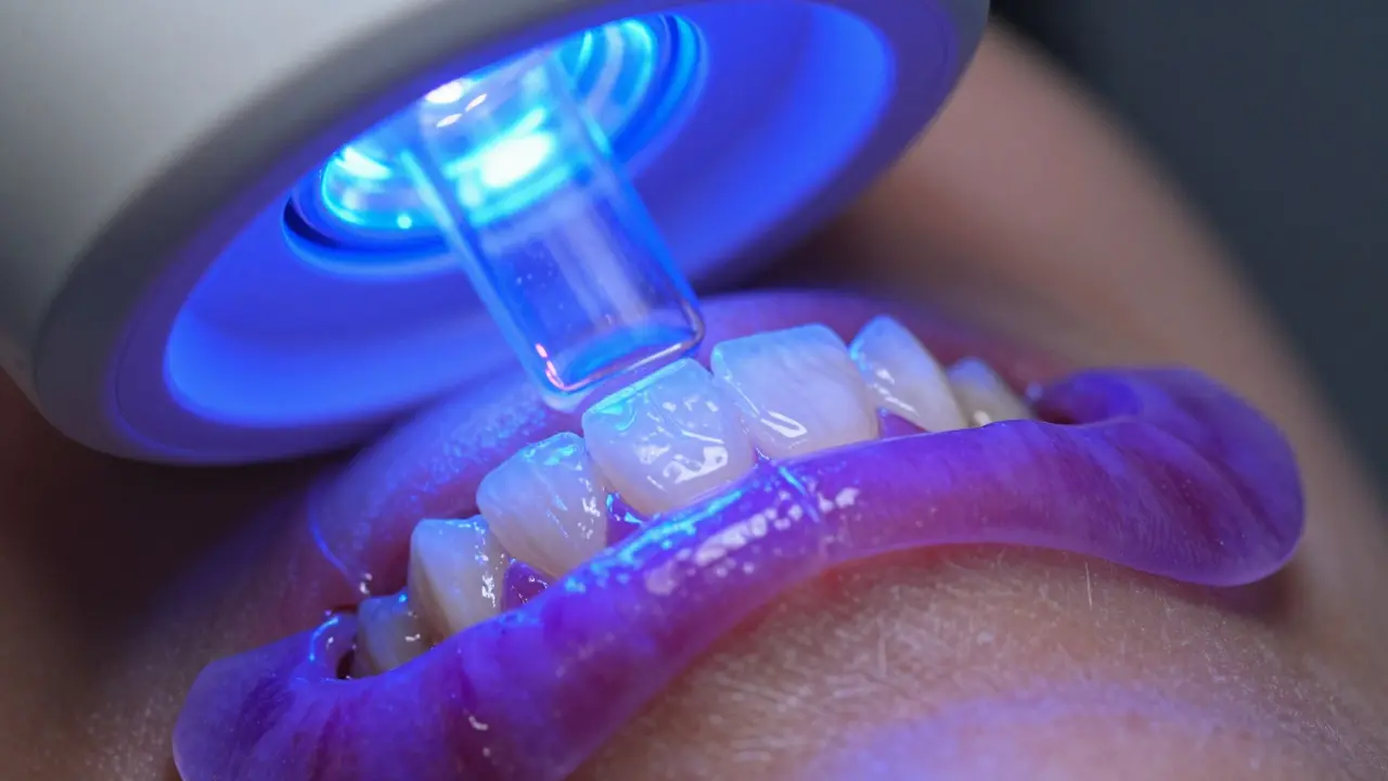 Aplikace ochranné fialové bariéry na dásně a bělicího gelu na zuby pod LED lampou.