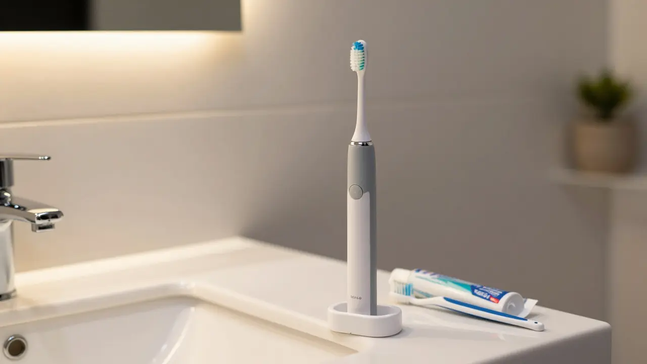 Čistý elektrický kartáček v nabíječce vedle mezizubních kartáčků v koupelně.
