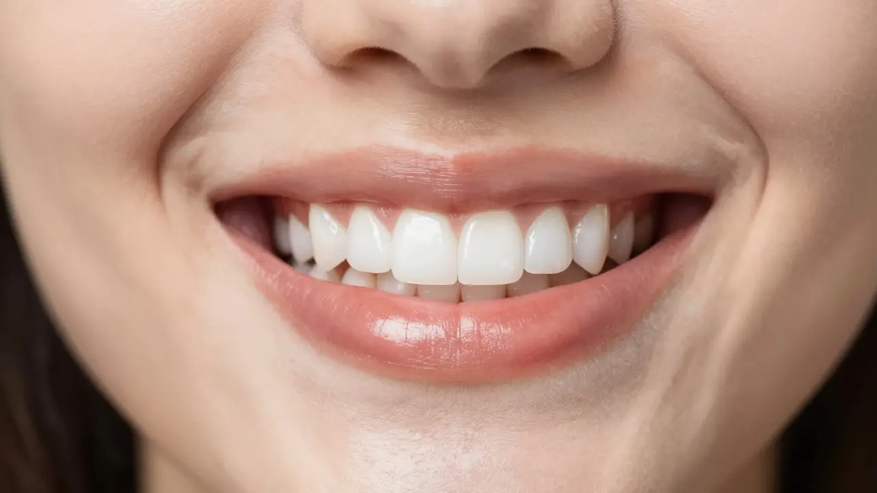 Detail dokonalého a bílého úsměvu po profesionálním kosmetickém zákroku.