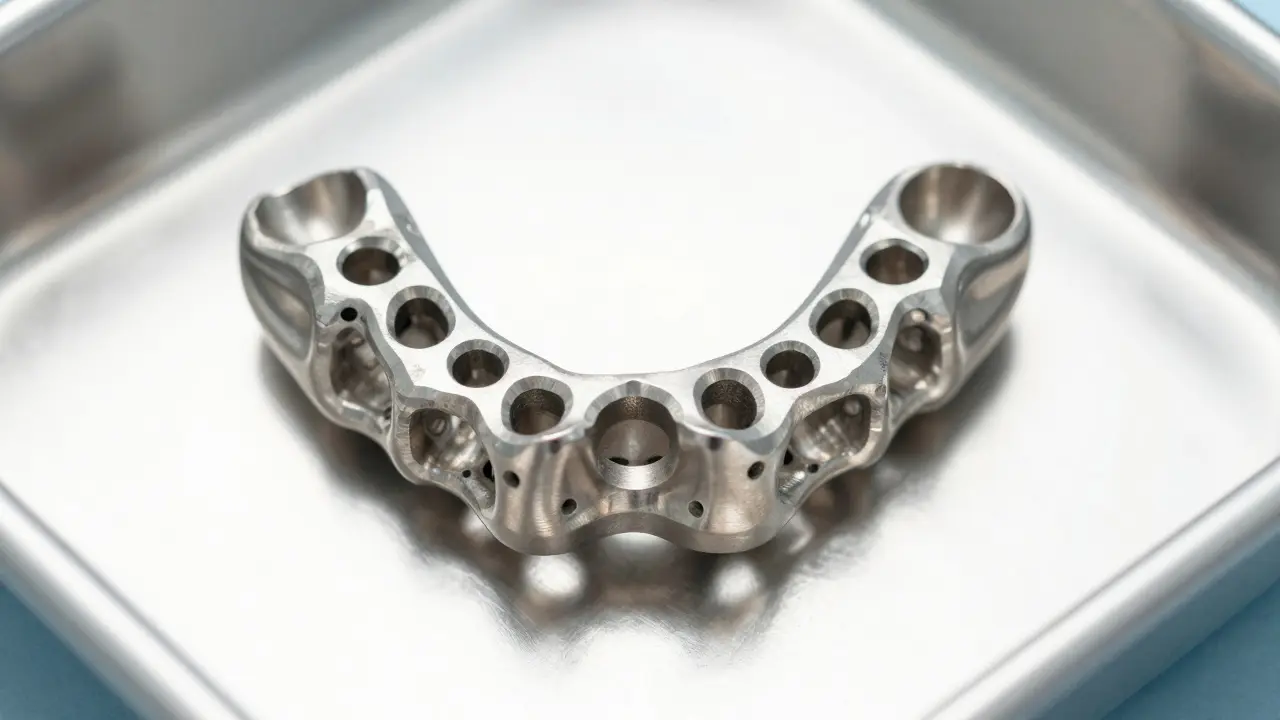 Detail personalizovaného 3D tisknutého titanového implantátu čelisti.