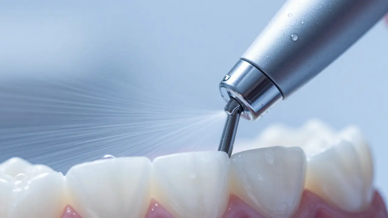 Detail ultrazvukového přístroje s jemnou vodní mlhou při čištění zubů.