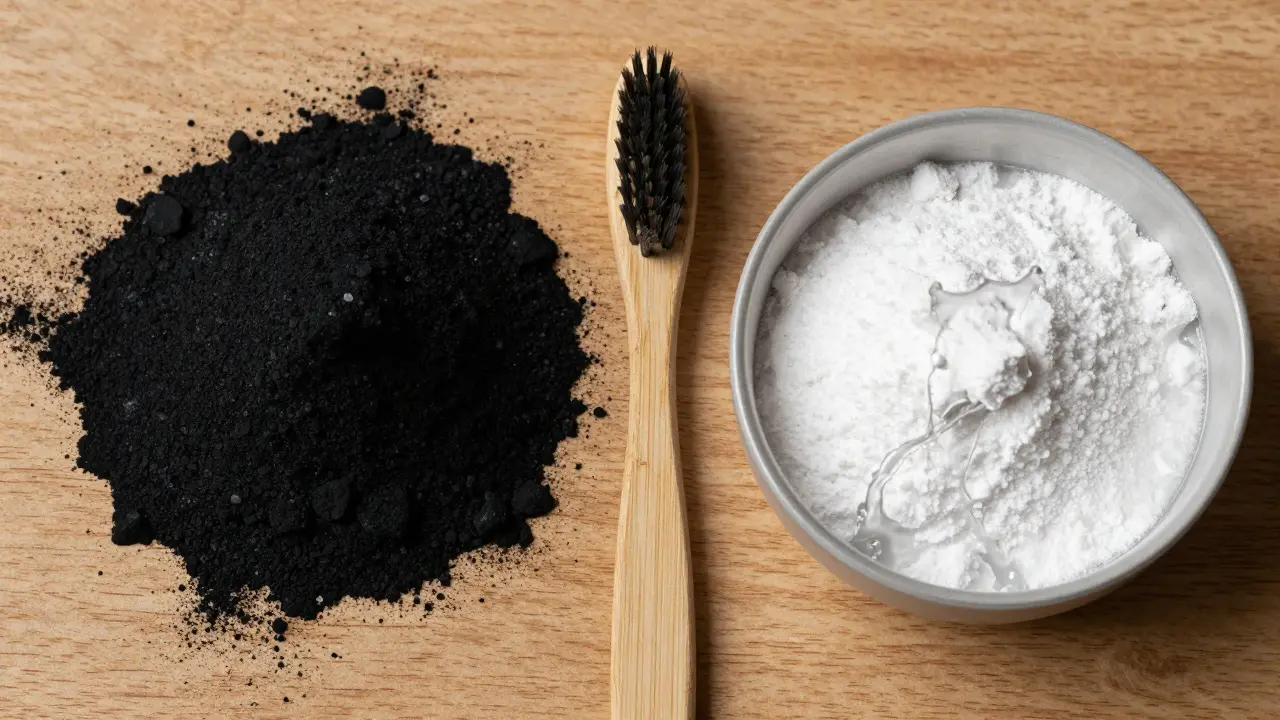 Detailní pohled na aktivní uhlí, jedlostou sodu a bambusový kartáček.