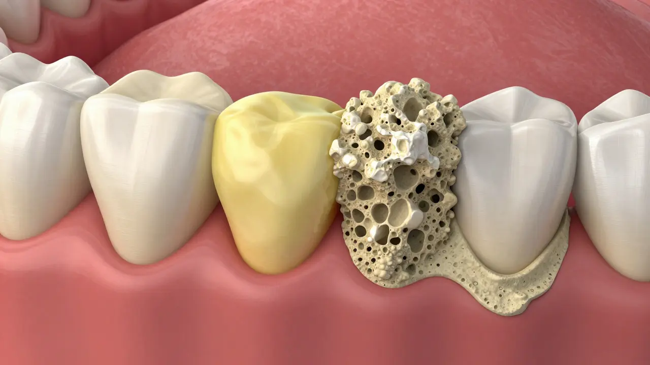 Ilustrace přeměny měkkého zubního plaku na tvrdý zubní kámen.