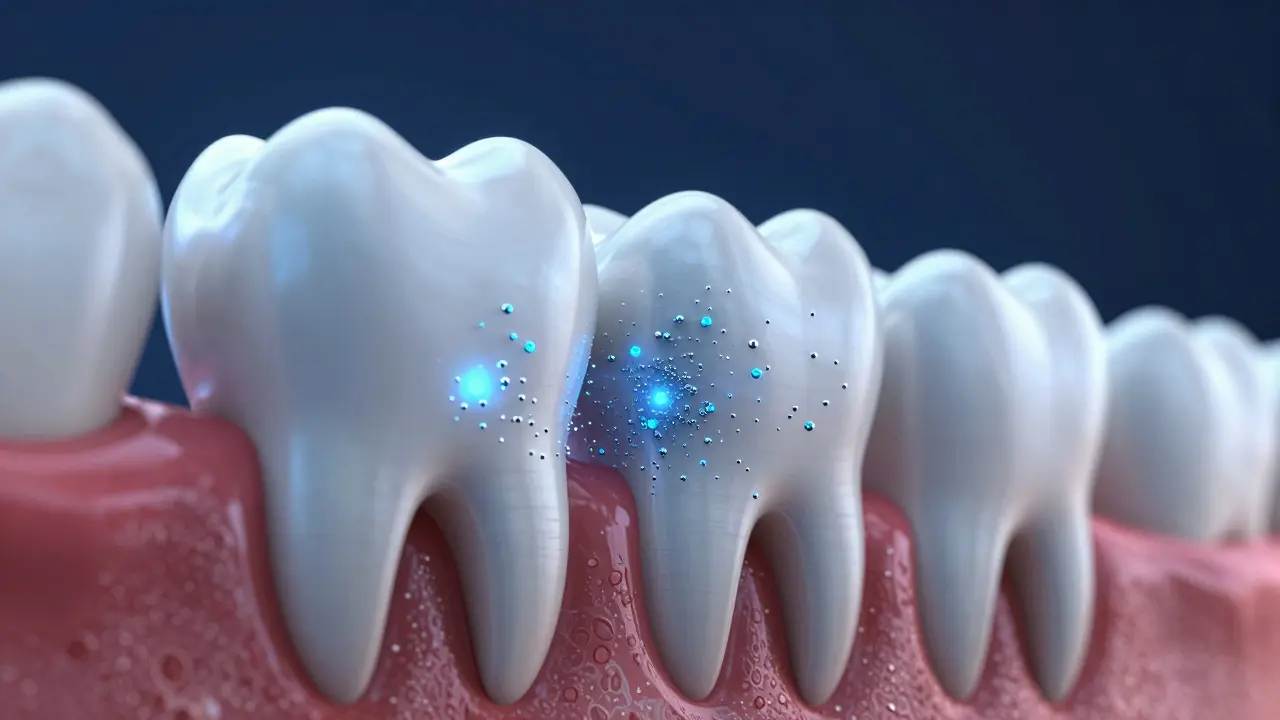 Konceptuální ilustrace procesu remineralizace, kdy se minerály zaplňují do pórů zubní skloviny.