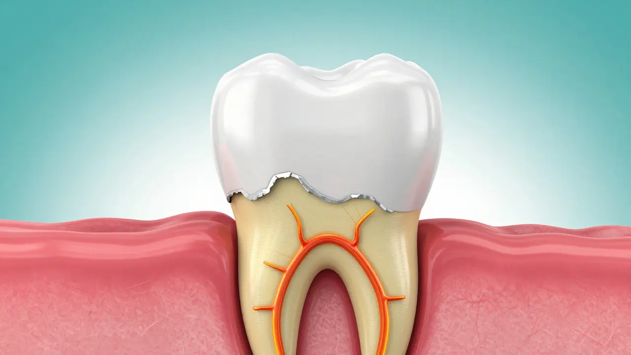 Konceptuální nářez zubu znázorňující citlivost a opotřebovanou sklovinu.