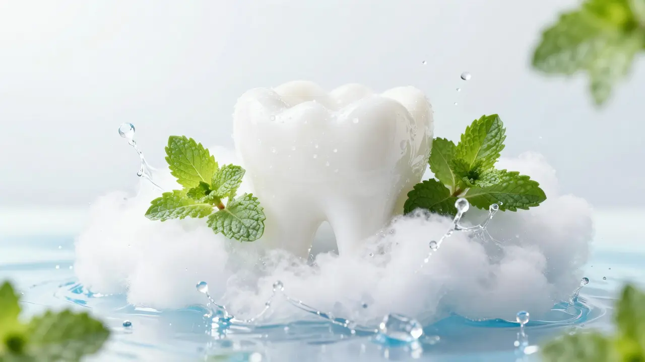 Konceptuální obraz čistého úsměvu s mátovými lístky a čistou vodou.