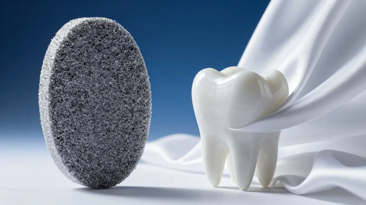 Konceptuální obraz hedvábí obklopující bílý zub jako symbol jemného čištění