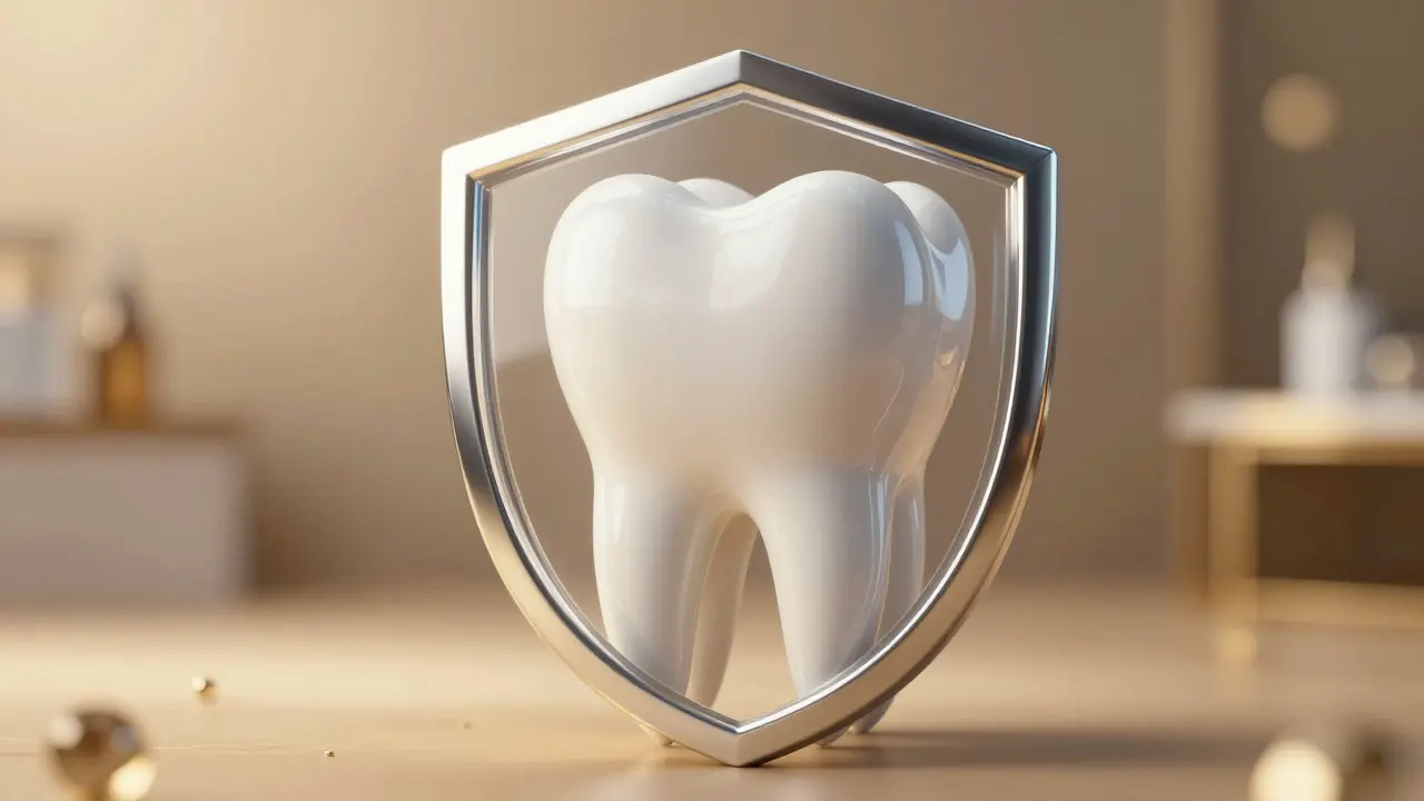 Konceptuální obraz keramického štítu chránícího zub před opotřebováním.