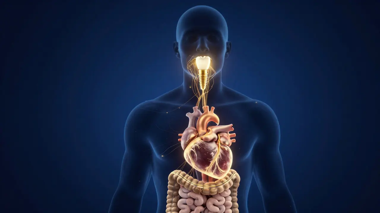 Konceptuální obraz propojení zdraví zubů se zbytkem organismu.
