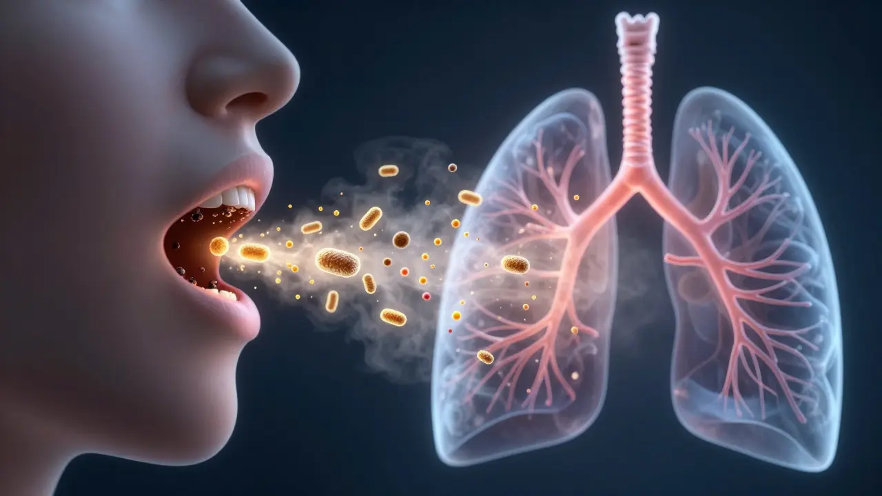 Konceptuální schéma přenosu bakterií z úst do plic.