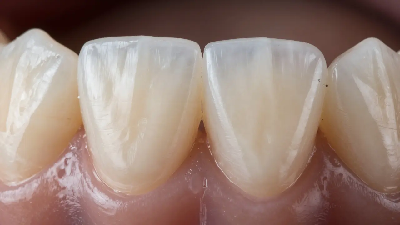 Makro detail přirozeně vypadající keramické fazety s jemným přechodem barev.