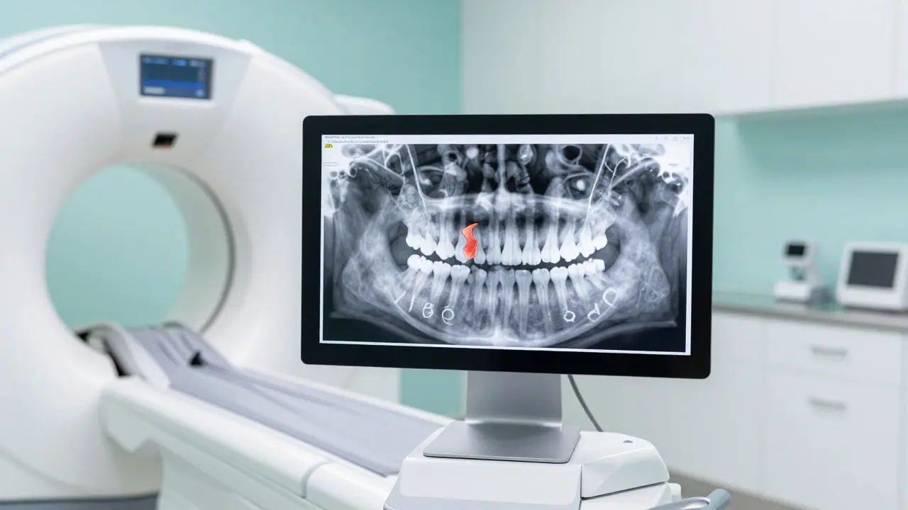 Monitor v zubní ordinaci zobrazující 3D rentgen CBCT pro diagnostiku praskliny.