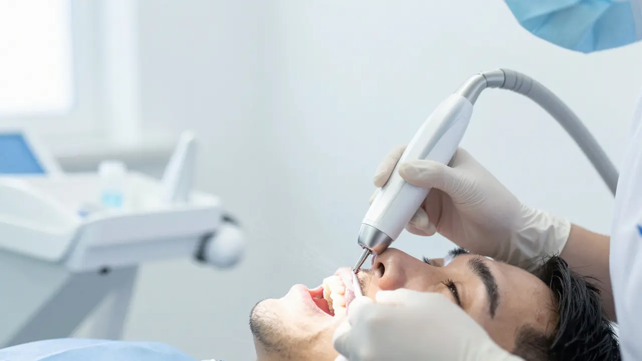 Profesionální hygienické čištění zubů ultrazvukovým přístrojem.