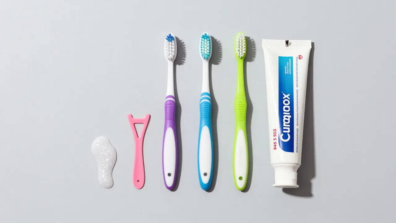 Sada Curaprox kartáčků, mezizubního kartáčku a čistících doplňků na šedém pozadí