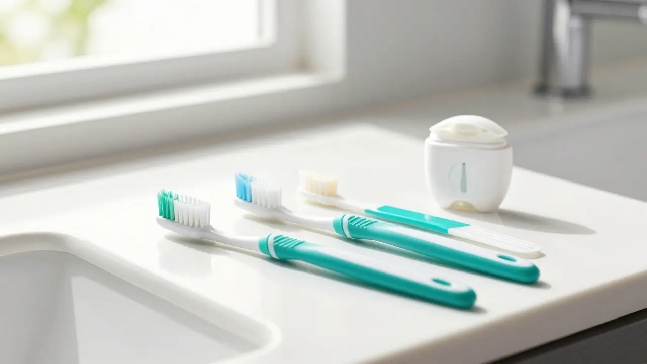 Sada pomůcek pro čištění zubů: kartáček, mezizubní kartáčky a nit.