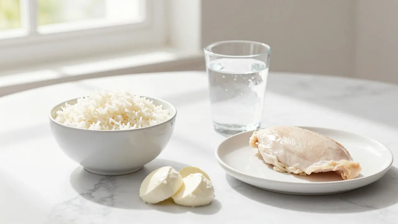 Sada potravin pro bílou dietu včetně rýže a sýra na bílém mramorovém stole.