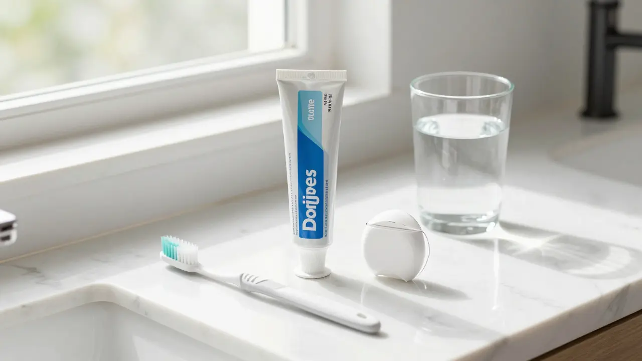 Sada pro denní hygienu zubů včetně fluoridové pasty a nitě na mramorovém povrchu.